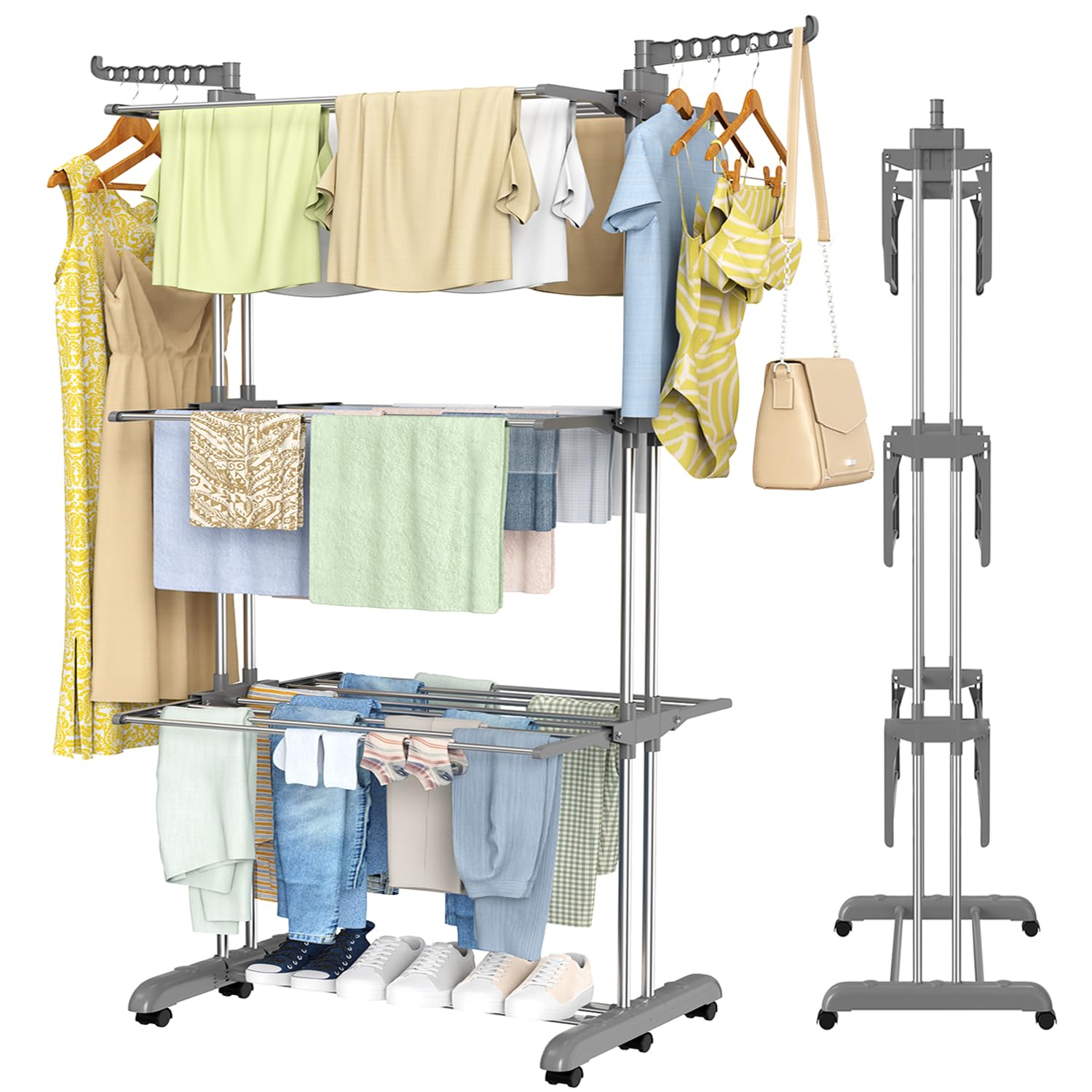 Clothes Drying Rack 3 Tier Collapsible Rolling Stainless Laundry Dryer Hanger with Casters for Indoor, Grey
