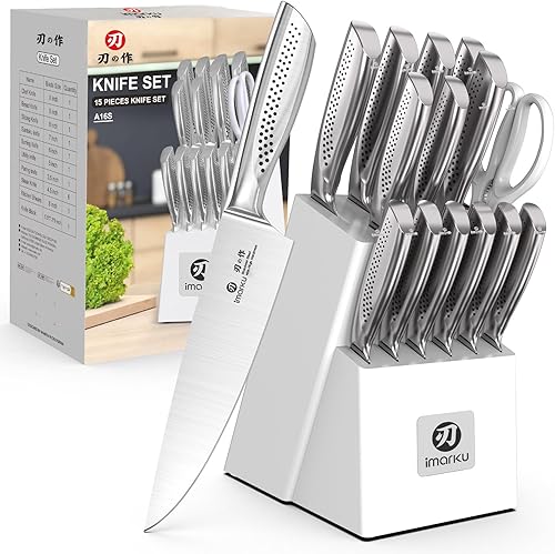 imarku - Juego de 15 piezas de cuchillos con bloque, cuchillos de cocina de acero inoxidable de alto carbono con afilador incorporado, apto para