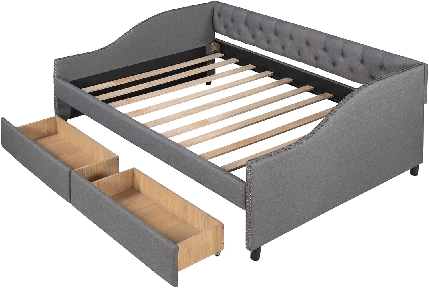 LZ LEISURE ZONE Full Size Daybed with Drawers, Upholstered Full Daybed Frame, Wood Slat Support, Gray