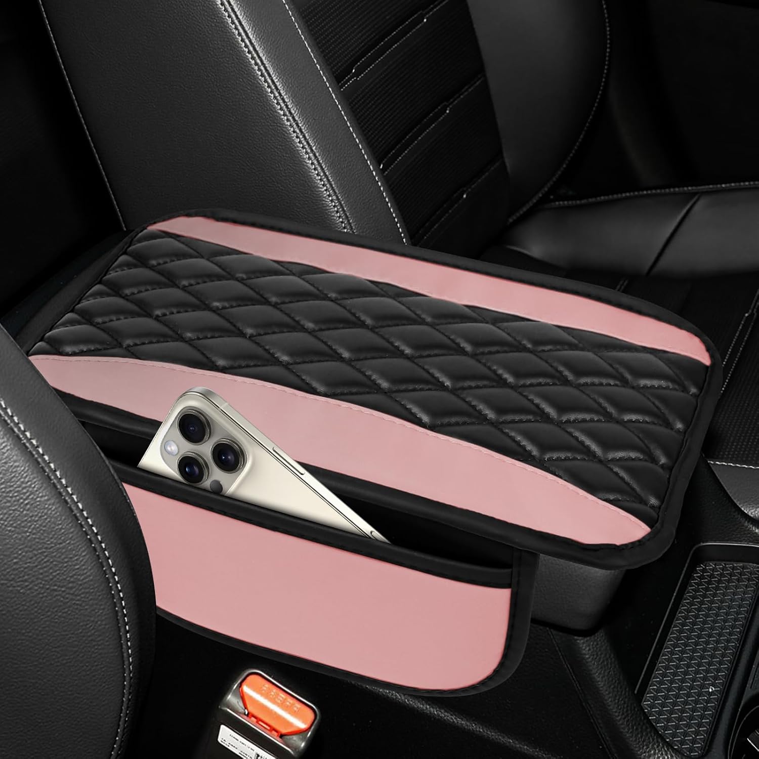 wuyaoyao Car Center Console Cover, 12.2"×7.5" Waterproof Leather Auto Armrest Cover Protector with Side Pockets, Stylish Comfortable Vehicle Arm Rest Box Cushion Pad, Car Accessories (Pink)