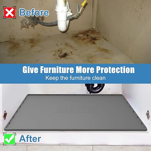 Miniatura 6 de Tapete para debajo del fregadero, forro de gabinete de cocina y baño, 34 x 22 pulgadas, de silicona, impermeable, bandeja de goteo debajo del