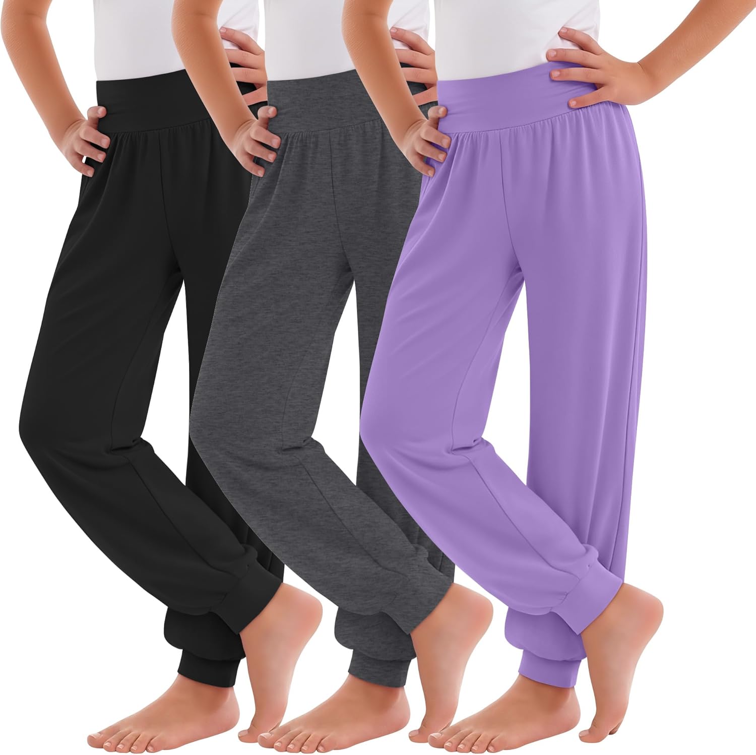 3 Pack Girls Sweatpants Lightweight Yoga Pants Athletic Joggers Casual Soft High Waisted Cuff for Kids Size 5-14