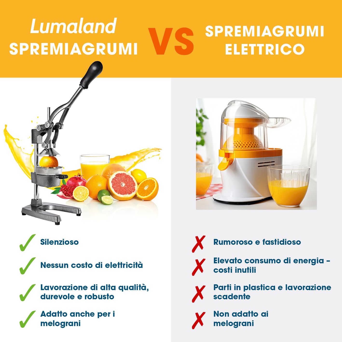 Lumaland Spremiagrumi in Acciaio Inox, di Alta qualità, Molto Silenzioso, Utilizzabile manualmente, Elegante spremiagrumi, esente da Manutenzione e Potente per Molto più succhi di Frutta, Basta