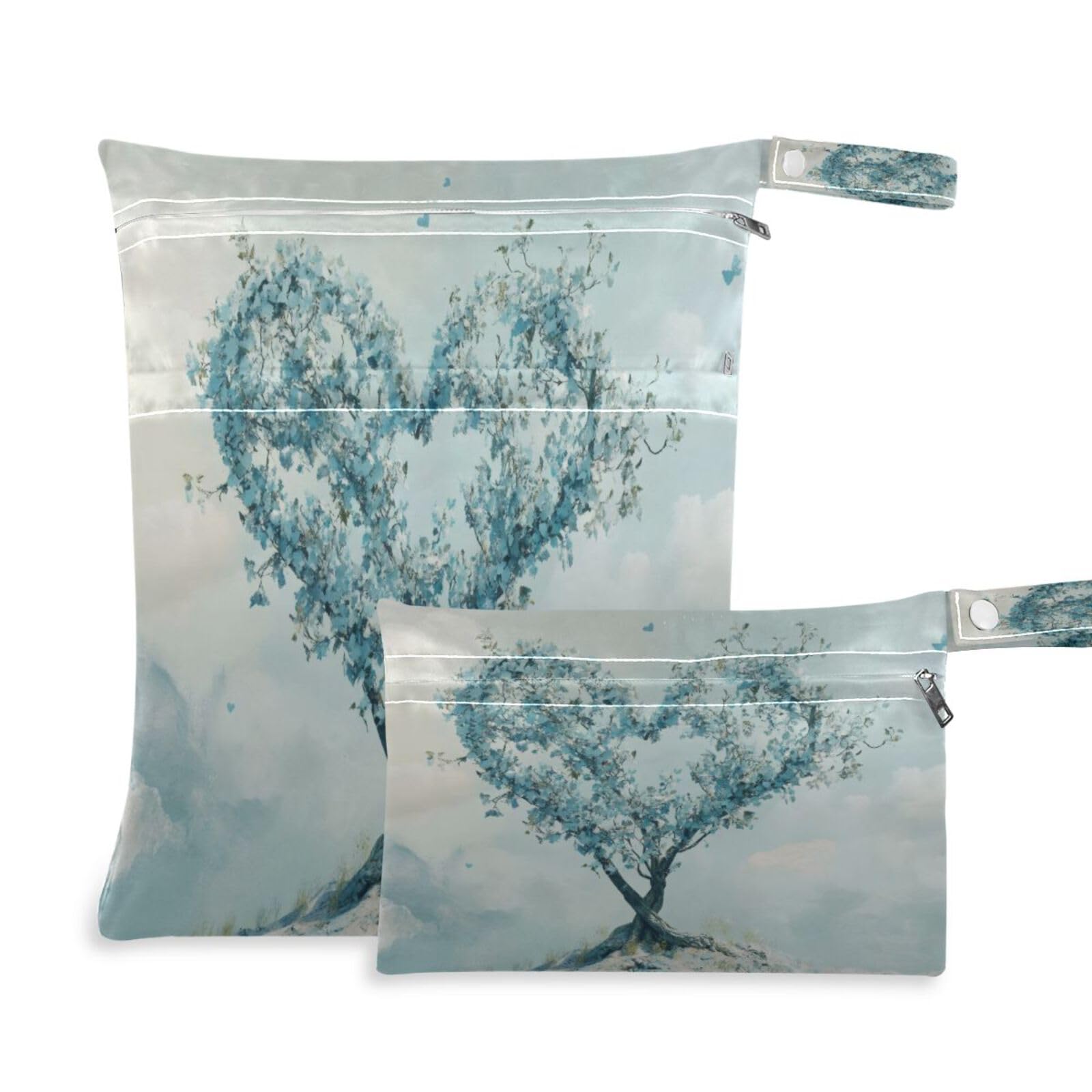 Takiito Valentine Heart Tree 2 Pcs Wet Dry Bags for Cloth Diapers, Waterproof & Reusable Wet Bag for Nursery Beach Pool Gym with Two Zippered Pockets