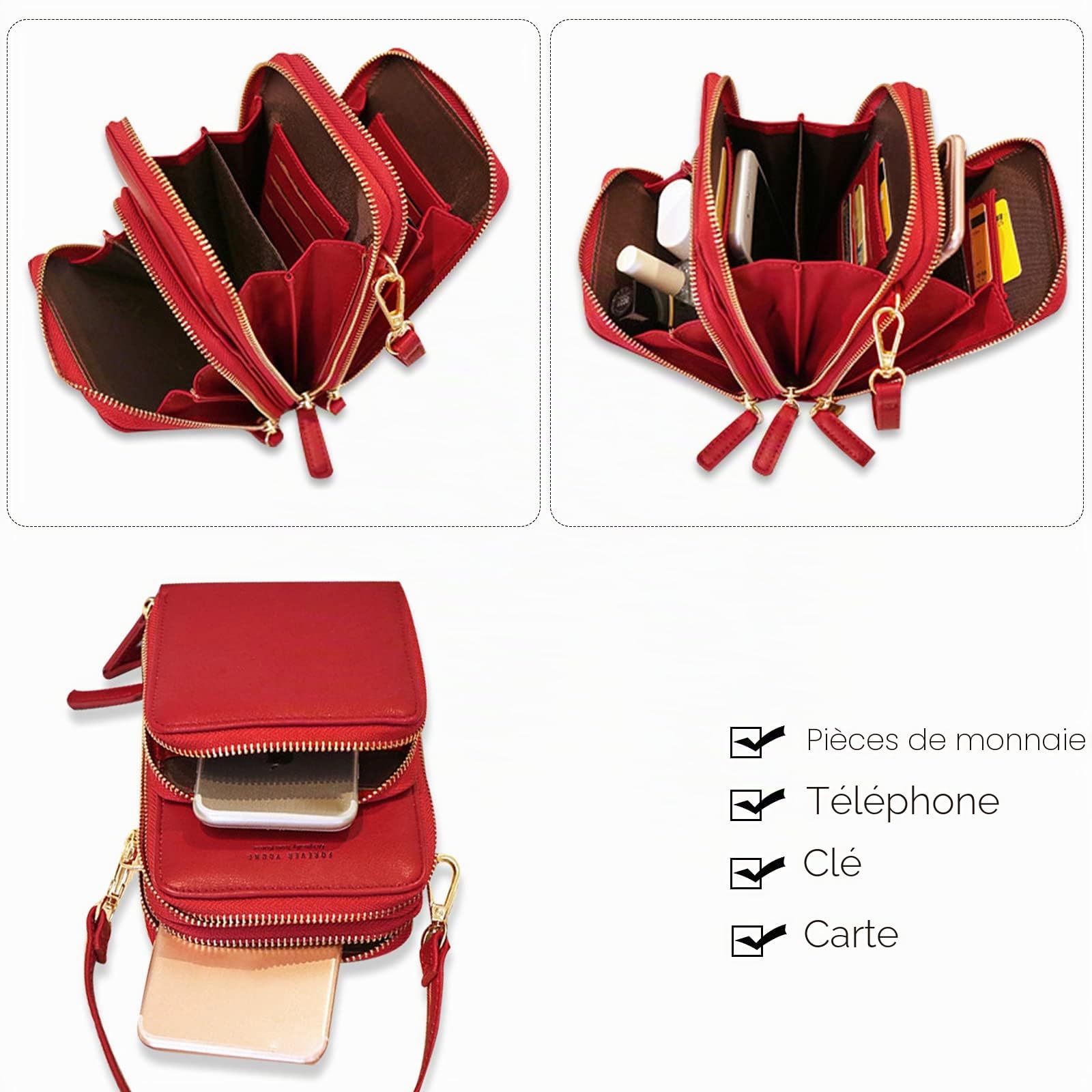 FANDARE Fille Sac de téléphone Femmes Sac Bandoulière Sac à Main Sacoche Portefeuille Portable Sac d'épaule pour Achats Fête École Voyage Cartable Pochette Étanche PU Cuir