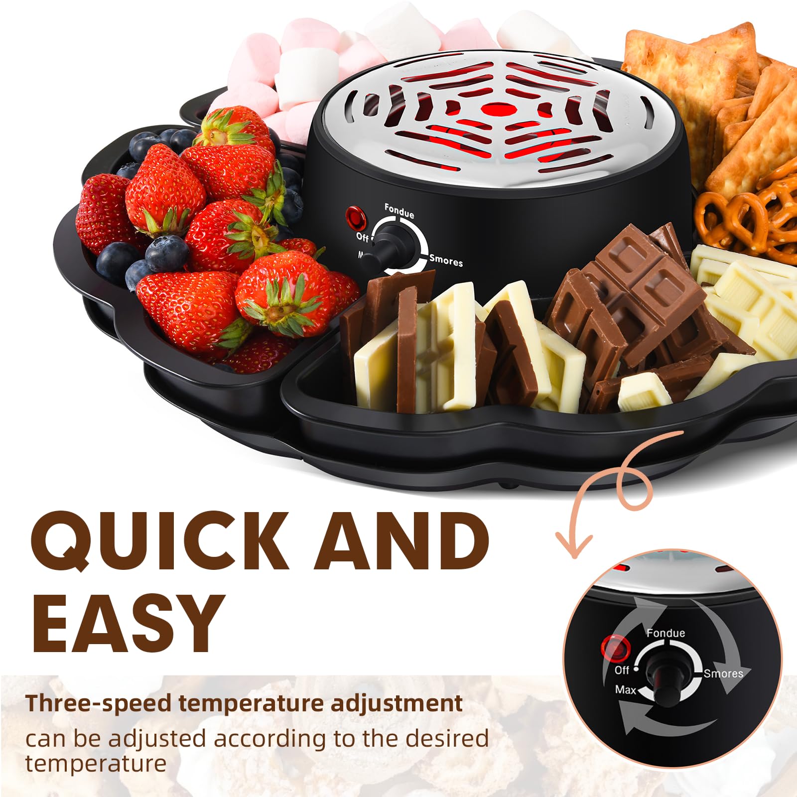 Schokoladenfondue, 2-in-1 Schokofondue Elektrisch & S’mores-Maker, Tischgerät für Innen mit 4 Röster-Gabeln, 4 Abnehmbaren Tabletts & Flammloser Temperaturgeregelter Heizgerät, Familie & Geschenk