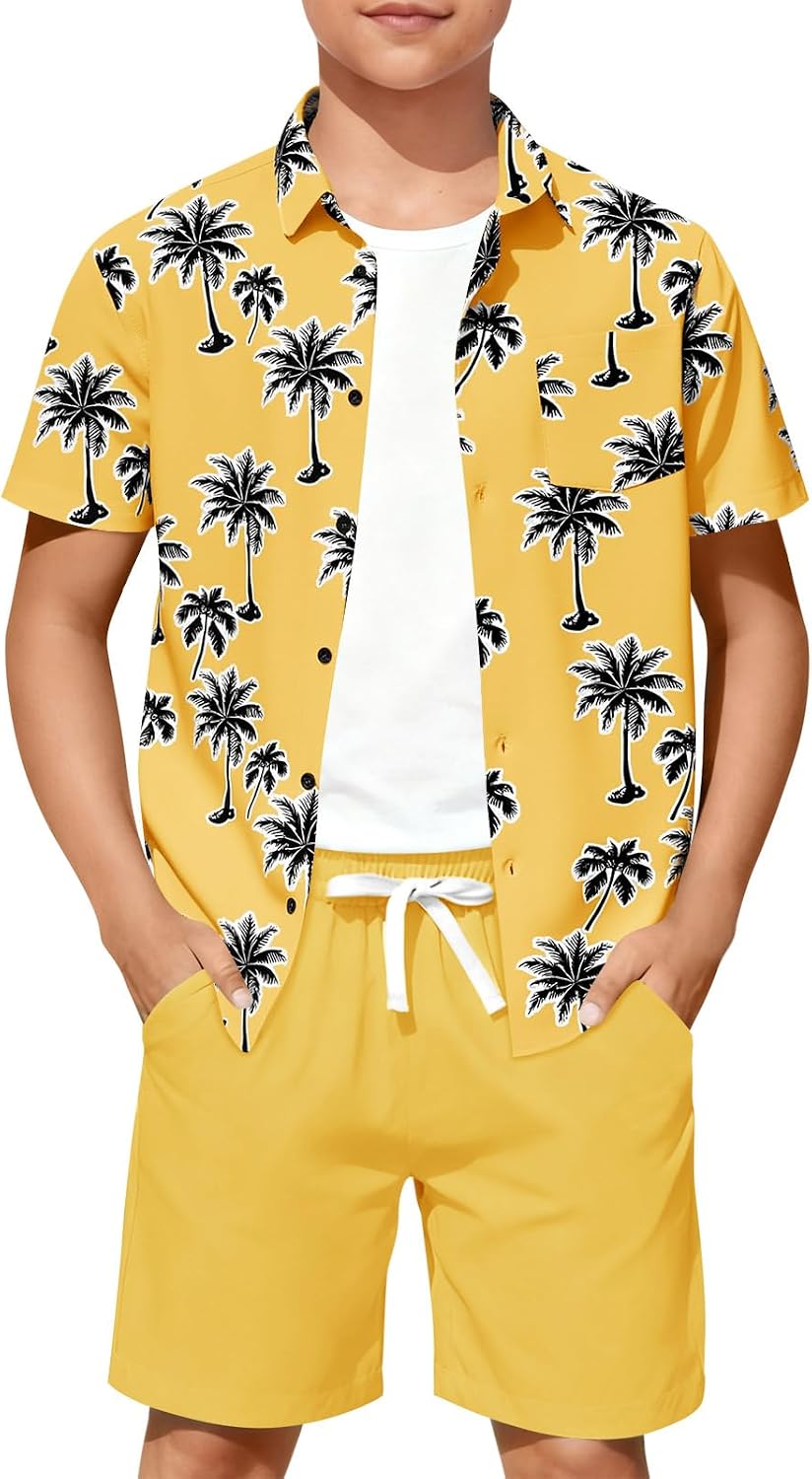 Haloumoning Boys 2 Piece Summer Outfits Kids Hawaiian Shirt and Drawstring Shorts Set Beach Vacation Outfit 5-14 Years