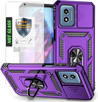 for G Play 2024 Case,Moto G Play 4G 2024 Case with 2 Pcs Explosion-Proof Film,Slide Camera Cover Protective Case with Magnetic Ring Kickstand for Motorola Moto G Play 4G 2024 6.5 inch-Purple