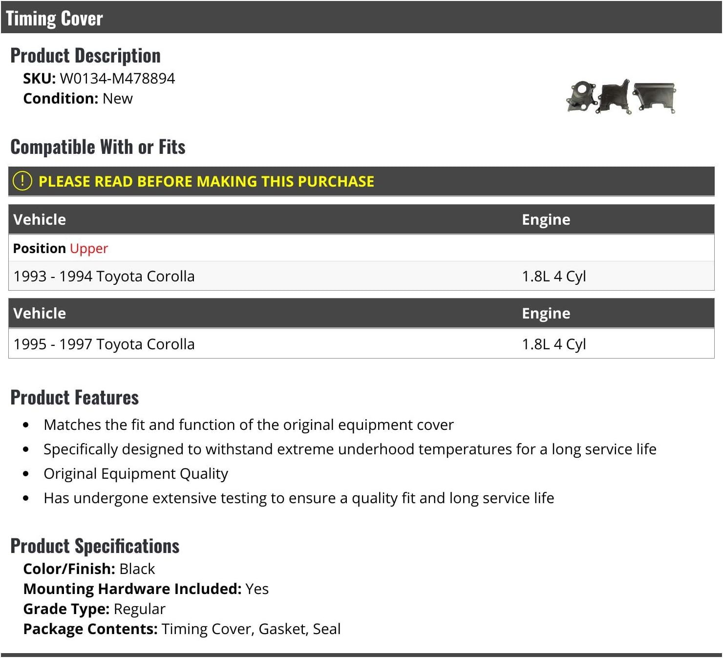 Timing Cover - with Gasket and Seal - Compatible with 1993-1997 Toyota Corolla 1.8L 4-Cylinder