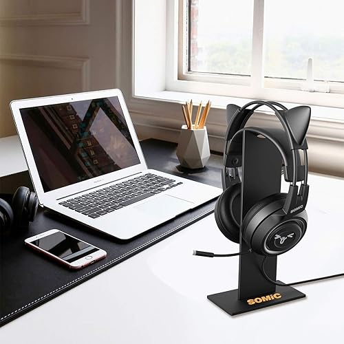 Miniatura 5 de SOMIC Soporte negro para auriculares para juegos con base sólida y colgador flexible para auriculares con soporte para todos los tamaños de