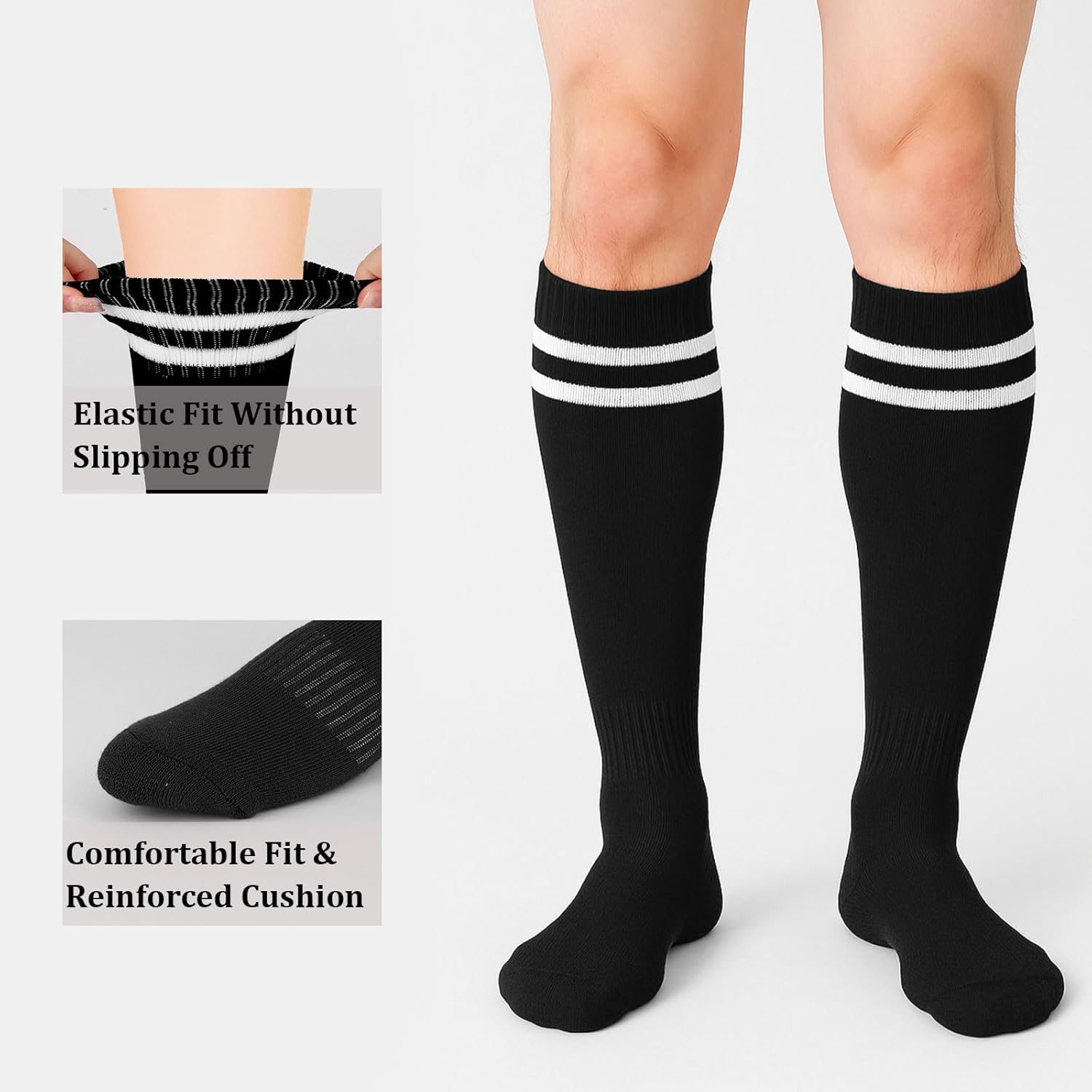 3 Pairs Baseball Socks Softball Knee-High Athletic Socks Casual Stripes Tube Socks for Youth (Black)