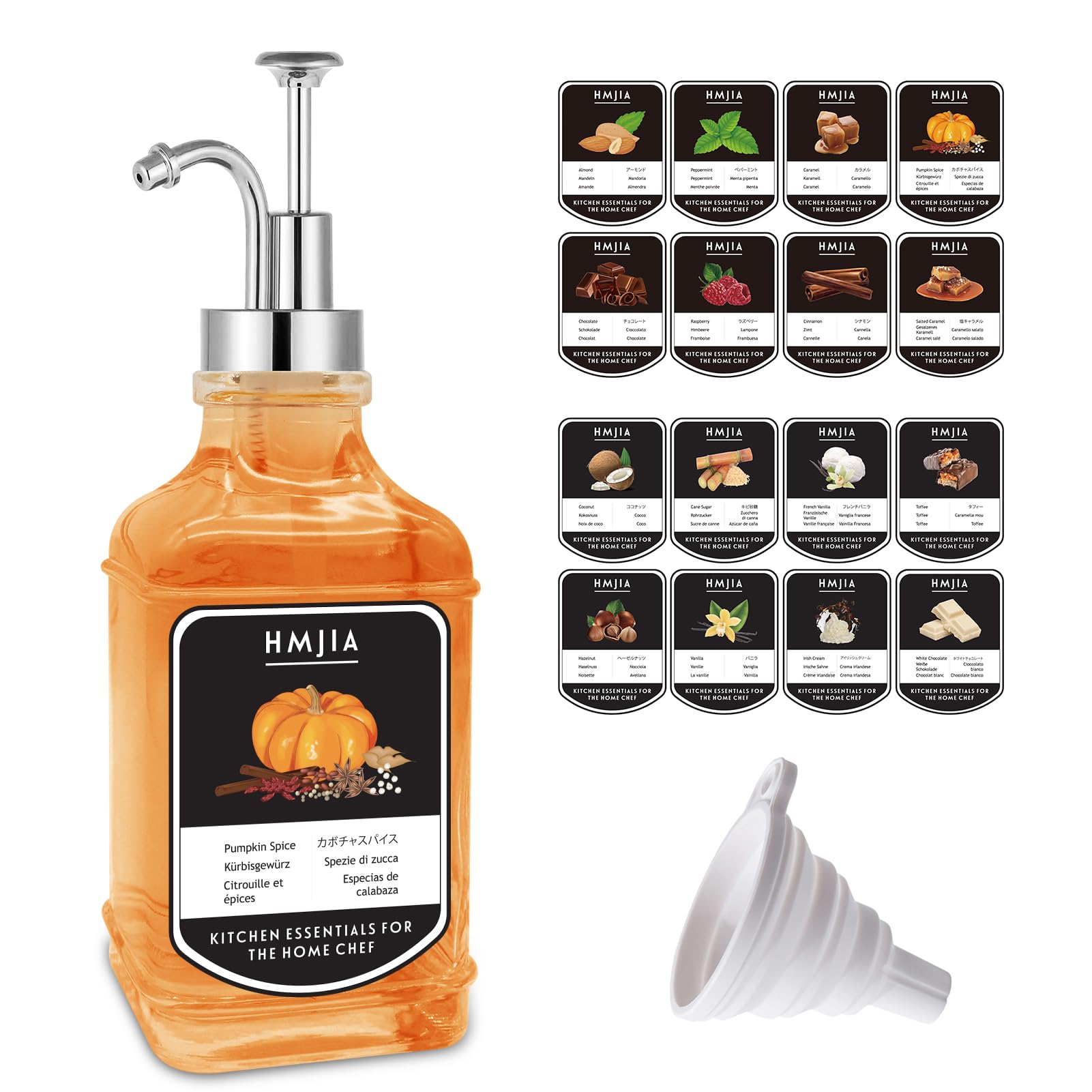 Dispenser per Sciroppo di Caffè Caraffa per Sciroppo in Vetro da 500ML con Etichette e Pompa Sispenser per Vaniglia e Caramello per Bar e Accessori da Cucina (1 pezzo - Argento Quadrato, 500ML)