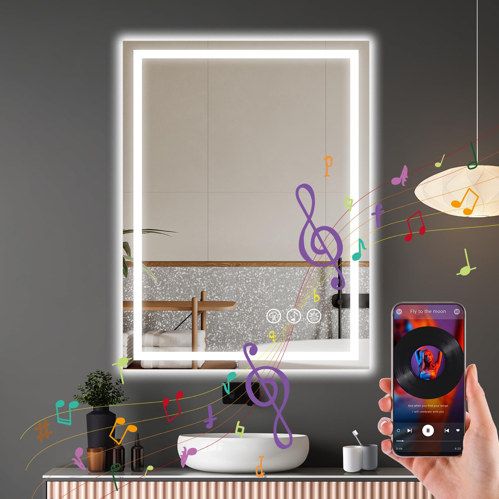 Habison Badkamerspiegel met verlichting, 60x80cm LED badkamerspiegel met licht en Bluetooth, ontmisting, 3 kleurtemperaturen, dimbaar, geheugenfunctie, IP44 Badkamerspiegel Bluetooth