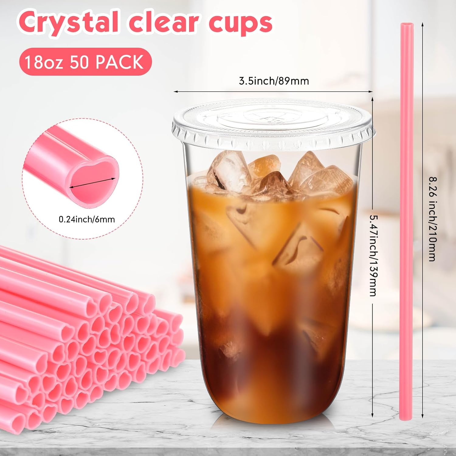 50 Sets Clear Plastic Cups with Heart Shaped Sts and Lids,