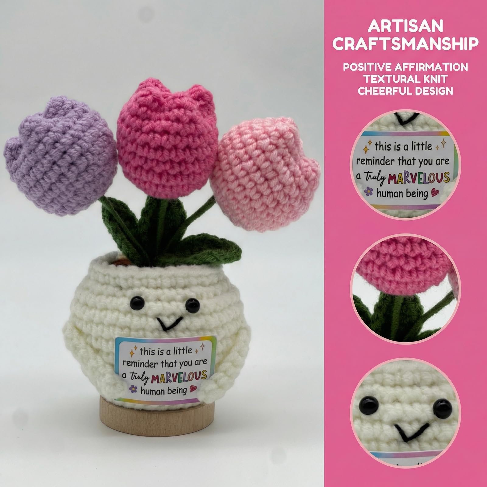 Handmade Crochet Tulip Doll, Positive Crochet Flowers, Perfect Teacher,Mothers Day, Birthday, Friendship Gifts for Women, Appreciation Gifts for Coworkers & Besties