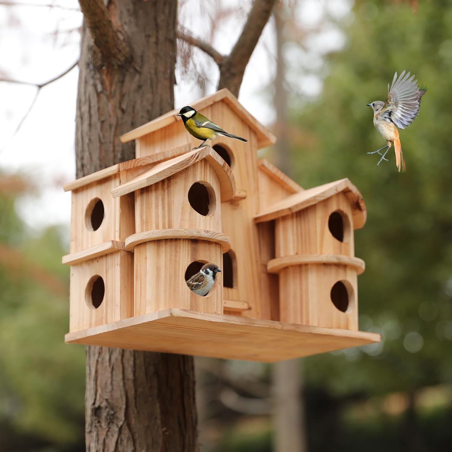 Bird House for Outside, Wooden 10 Hole Bird House for Multiple Birds, Hanging Birdhouse Nesting Box for Wren Finch Chickadee Bluebird, Decorative Garden Bird Hotel