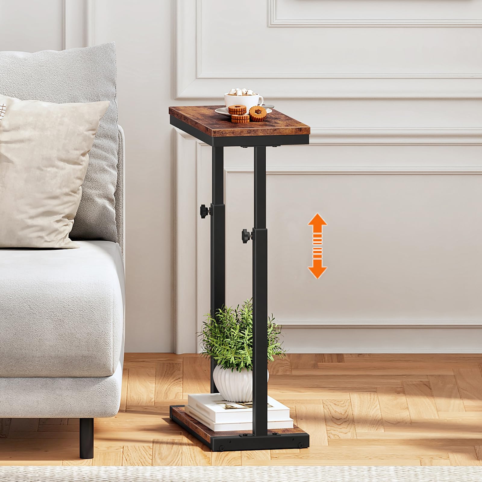 HOOBRO Narrow Side Table, 48-80 cm Height Adjustment, 2-Tier Slim Sofa End Table, Bedside Table, Couch Table for Small Spaces, Living Room, Bedroom, Home Office, Rustic Brown and Black EBF428BZ01