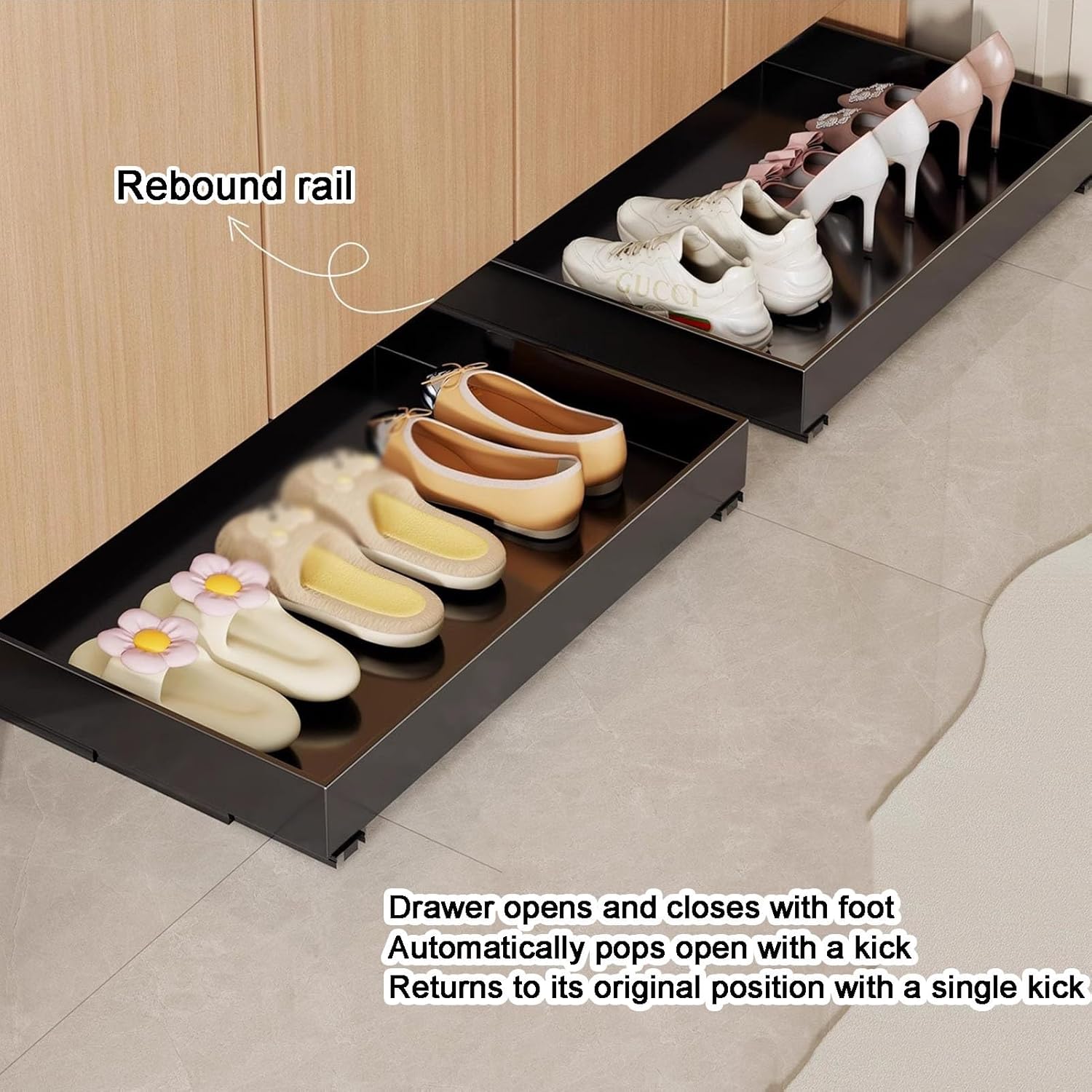 Pull-Out Shoe Rack,Shoe Rack Pull-Out Organizer for Closet Cabinet, Slide Rail Shelf, Shoe Storage for Entryway Cabinet Bottom(White,66x31cm)