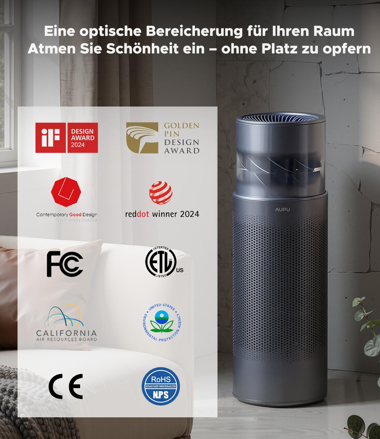 AUPU Purificador de aire 2 en 1 y humidificador evaporativo – Certificado de seguridad, 5 niveles de soplado, recarga superior y gran volumen de depósito de agua, filtro HEPA verdadero para mascotas