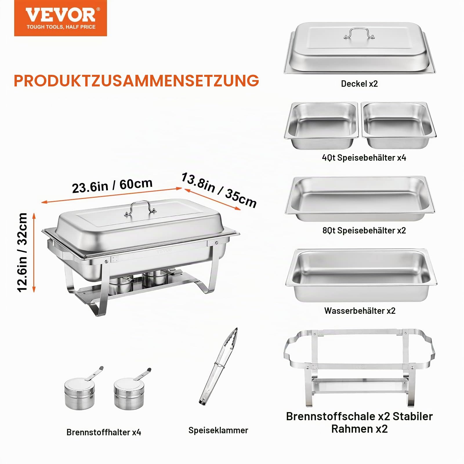 VEVOR 2 STK. Chafing Dish Profi Set Wärmebehälter Edelstahl Buffet Set Rechteckig, 2 x 9 L / 4 x 3,5 L, 53 x 32,5 x 6,5 cm Jeder Behälter, für Buffets, Familienfeiern, Bankette, Hochzeiten usw.