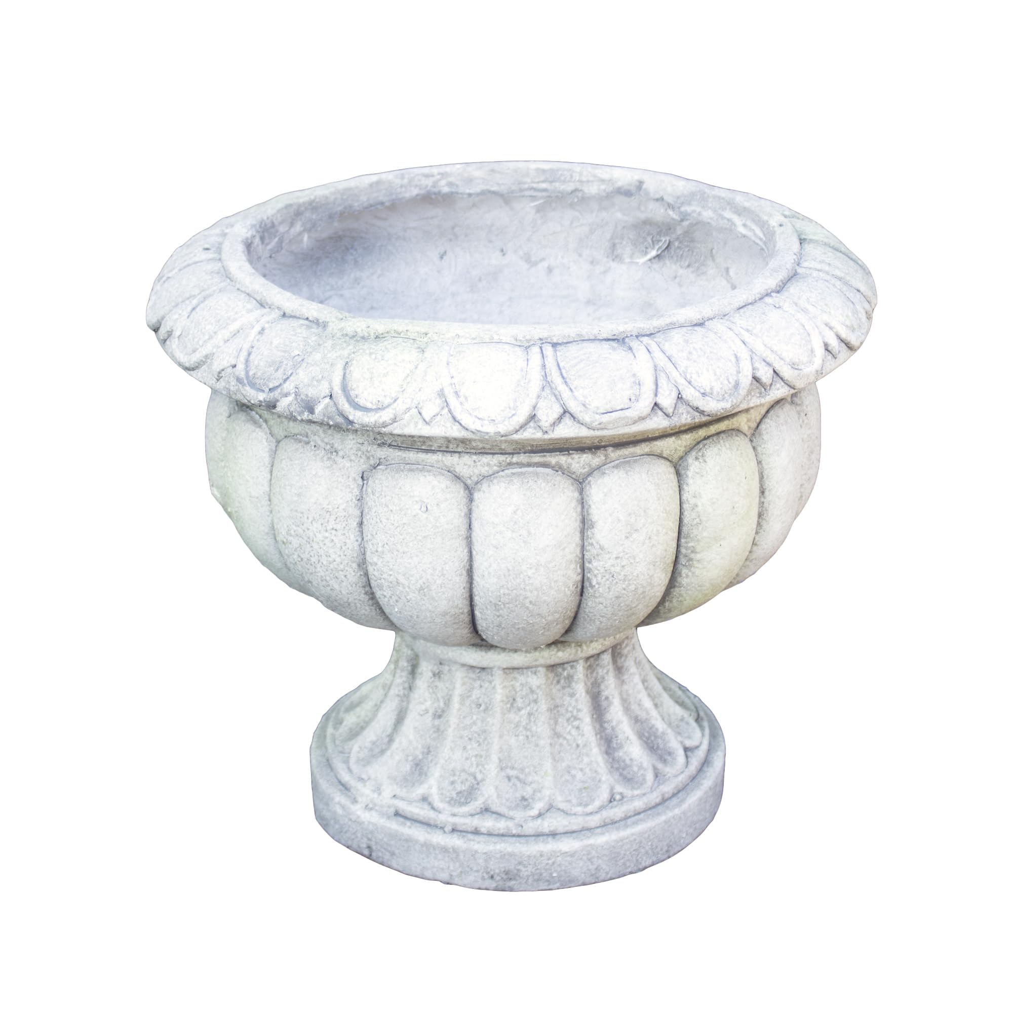 Darthome Grey Stone Fluted Urn Planter 32X27x32cm Cement Fibrestone Garden Round Natural Antique Pot