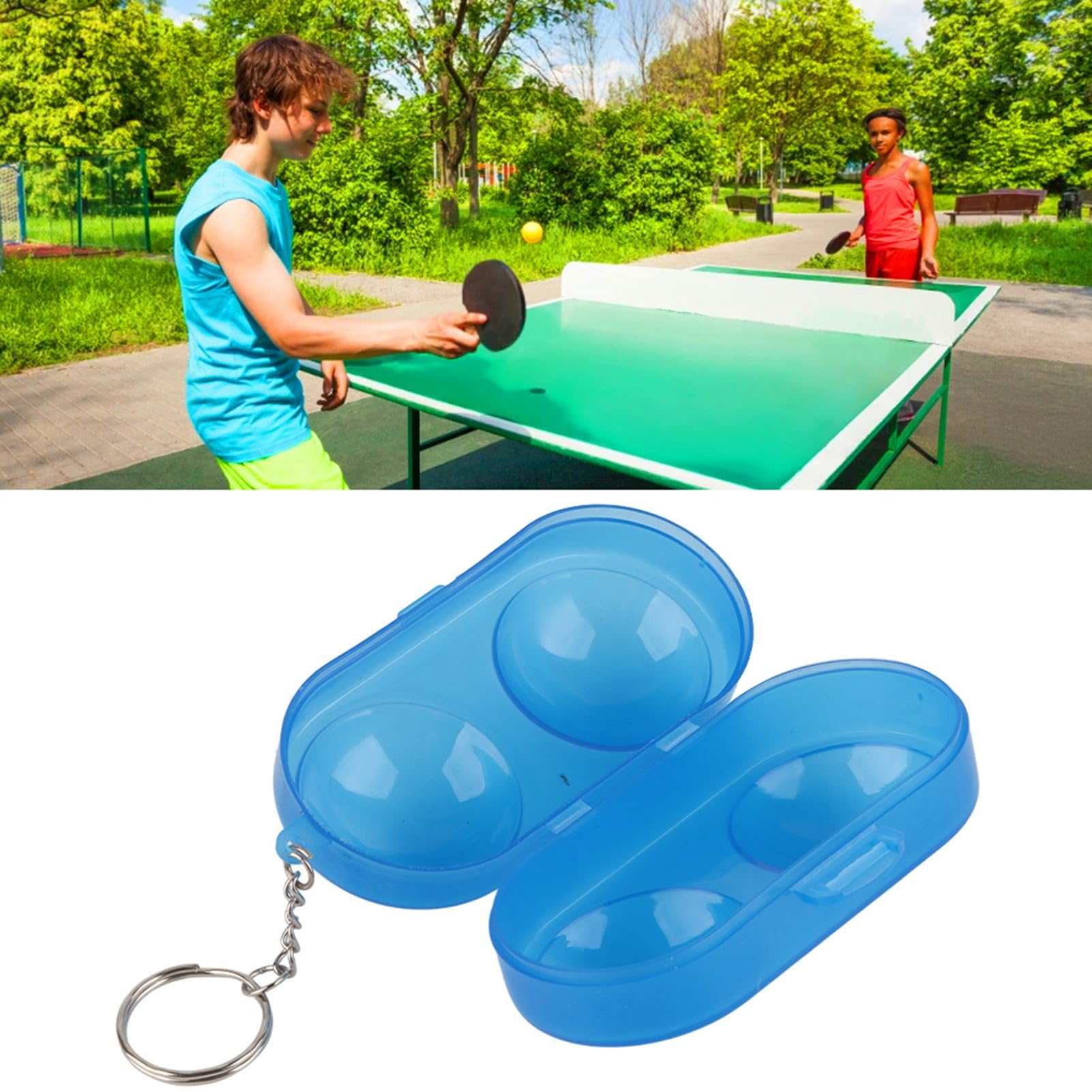 Caja de almacenamiento de pelotas de tenis de mesa portátil de plástico con cadena 5 piezas Azul transparente