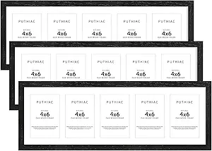 8x24 Oak Wood Picture Frame - 8x24 Photo Frame with Mat Display 5Pcs 4x6 Photos, 4x6 Picture Frame Wood, Natural Solid Wooden Picture Frames for Wall Art Photo and Prints(3 Pack, Black)