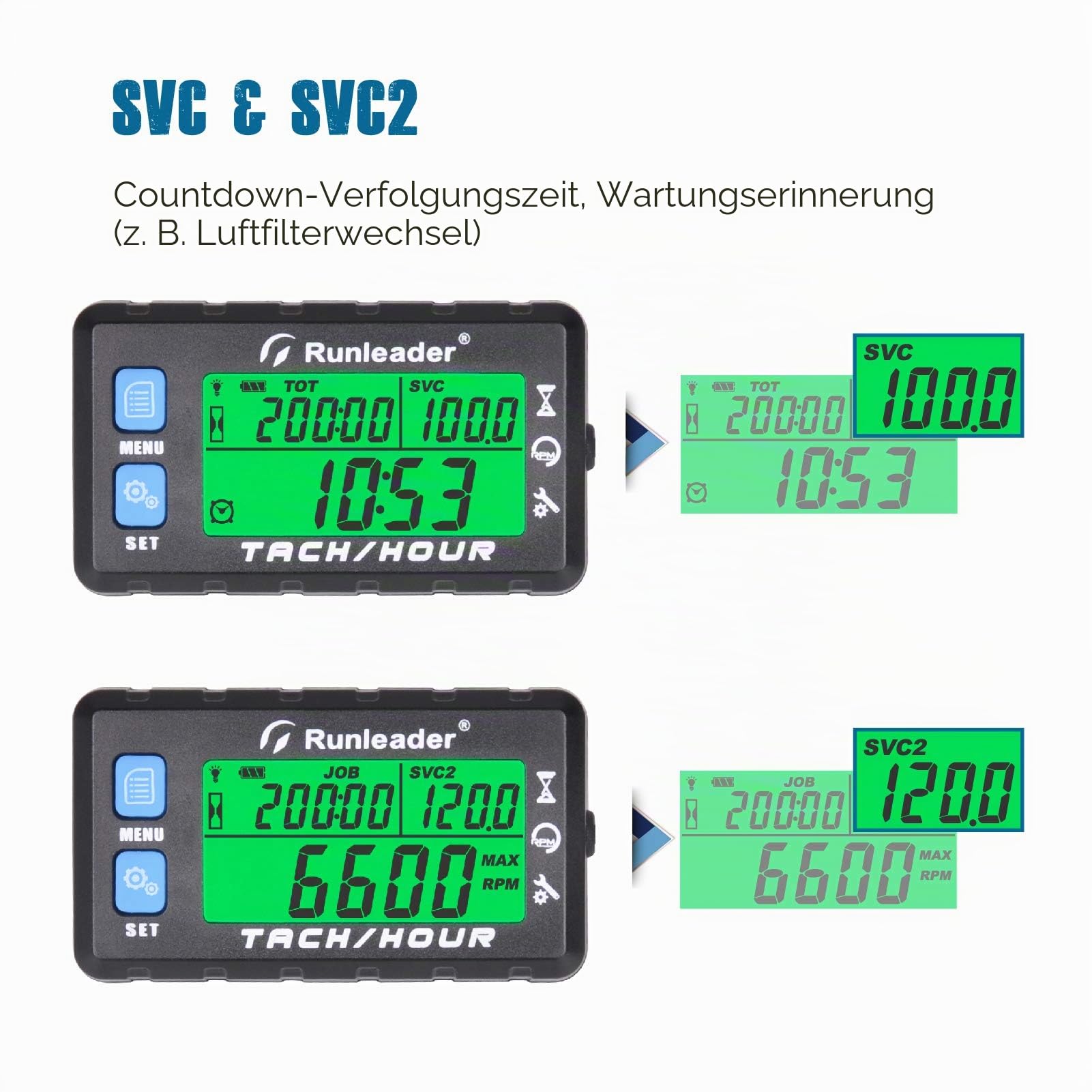 Runleader Betriebsstundenzähler Drehzahlmesser,Wartungsstundenzähler,Alarm-RPM-Erinnerung, mehrfarbiges Display mit Hintergrundbeleuchtung,Anfangsstunden einstellbar,Wasserdicht Blau