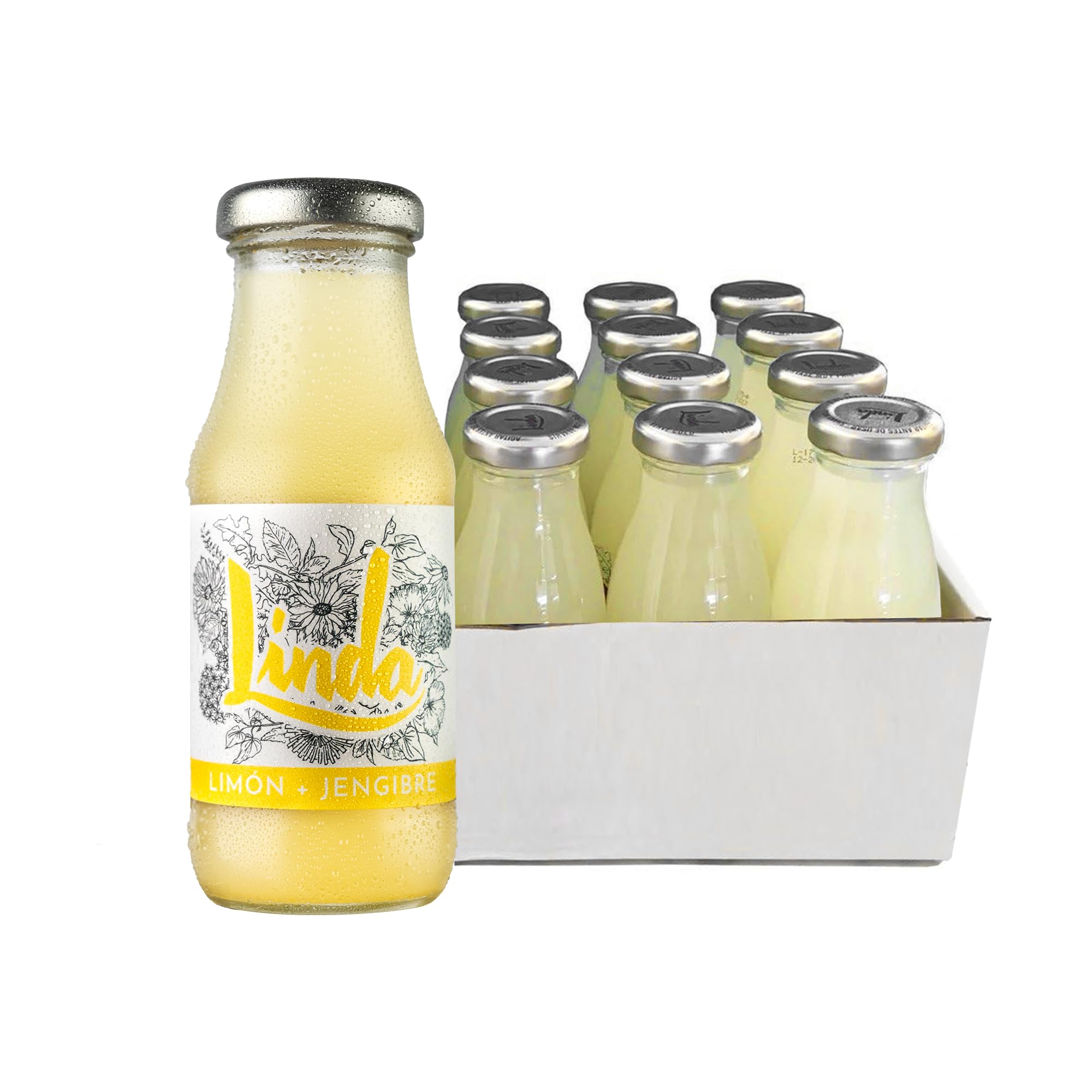 LINDA - Limón + Jengibre Pack 12 Uds x 200 ml, Limonada Endulzada con Agave, Rico en Vitamina C, 100% Natural y Vegano, Aporte Energía, Propiedades Antioxidantes y Depurativas, sin Gas