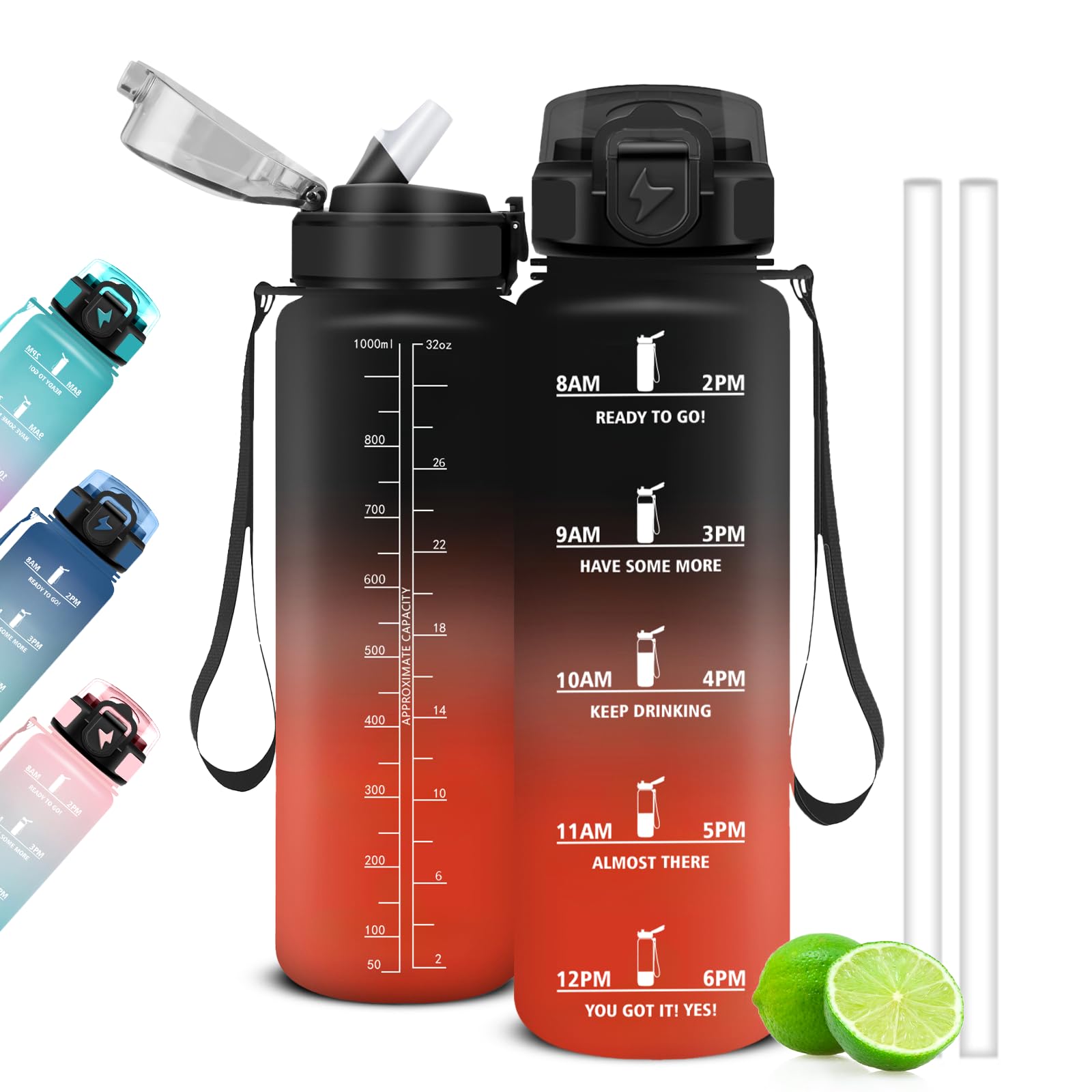 Mujigaga 1 Litre Water Bottle, Gym Water Bottle with Straw and Drinking Times, Motivational Sports Bottle, Leak Proof Water Bottles for Gym, School, Yoga