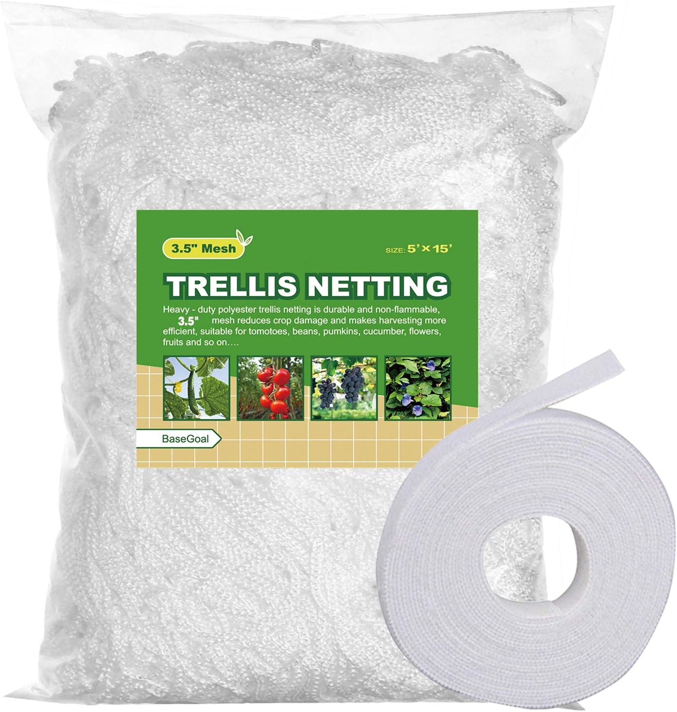 BaseGoal All-Weather Trellis Netting Mesh Plant Garden Vine Growing Flexible String Net (3.5" Mesh ployester, 5' Wx 15'L)