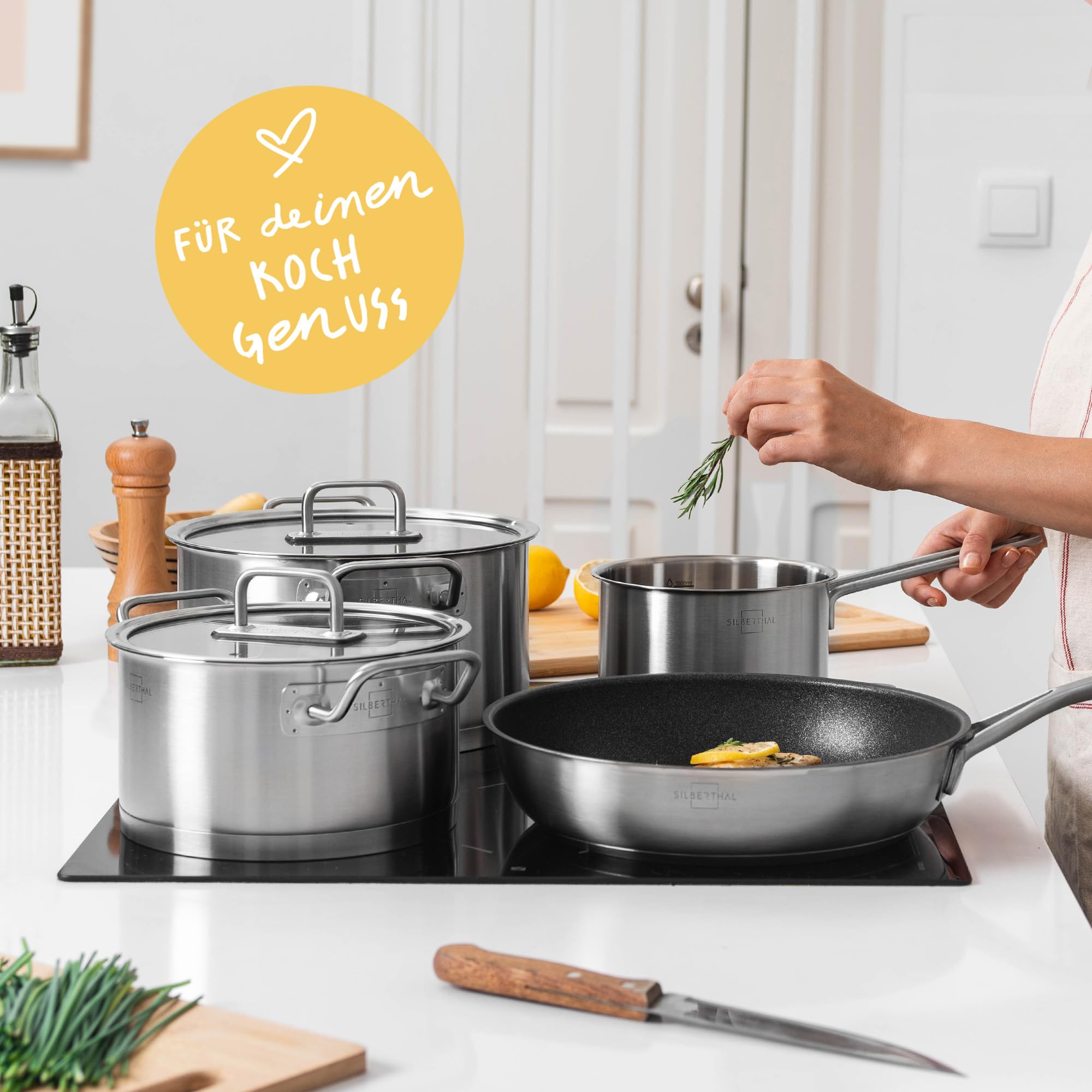 SILBERTHAL Edelstahl Topfset 4-teilig | Kochtopf 2,5l, 3,5l, 5l & 5,8l im Set für alle Herdarten inkl. Induktion & Ofenfest - Töpfe mit Glasdeckel