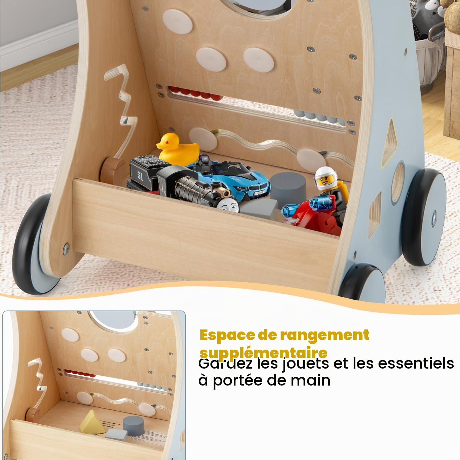 LIFEZEAL Chariot de Marche Bois pour Bébé, Trotteur Bebe Evolutif avec Rangement, Centre d'Activités à 4 Roues, Jouets s’amuser, Baby Walker 2+ ans