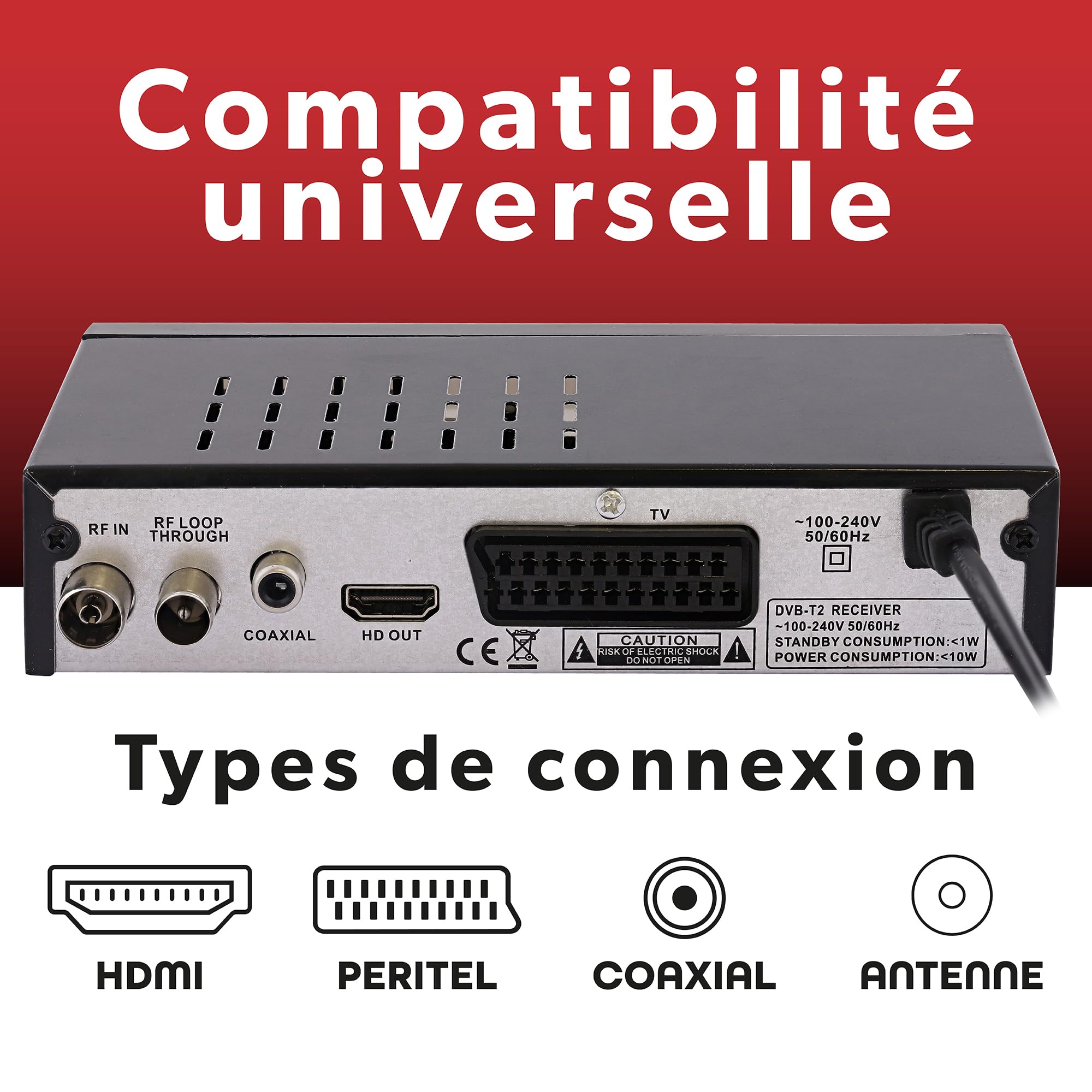 T'nB - Decodificador TNT2 Full HD con Búsqueda Automática/Manual, HDMI y Peritel, Grabación USB, Guía de TV de 7 días, Sonido Dolby Digital - Negro