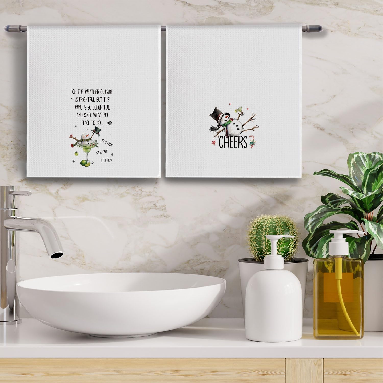 Christmas Snowman Margarita Wine Kitchen Towels, Gifts for Cocktail Wine Lovers Dish Tea Towel for Kitchen, Funny Xmas Snowman Decorative Hand Towels for Bar Cart, 16x24 Inches Set of 2 - Image 3