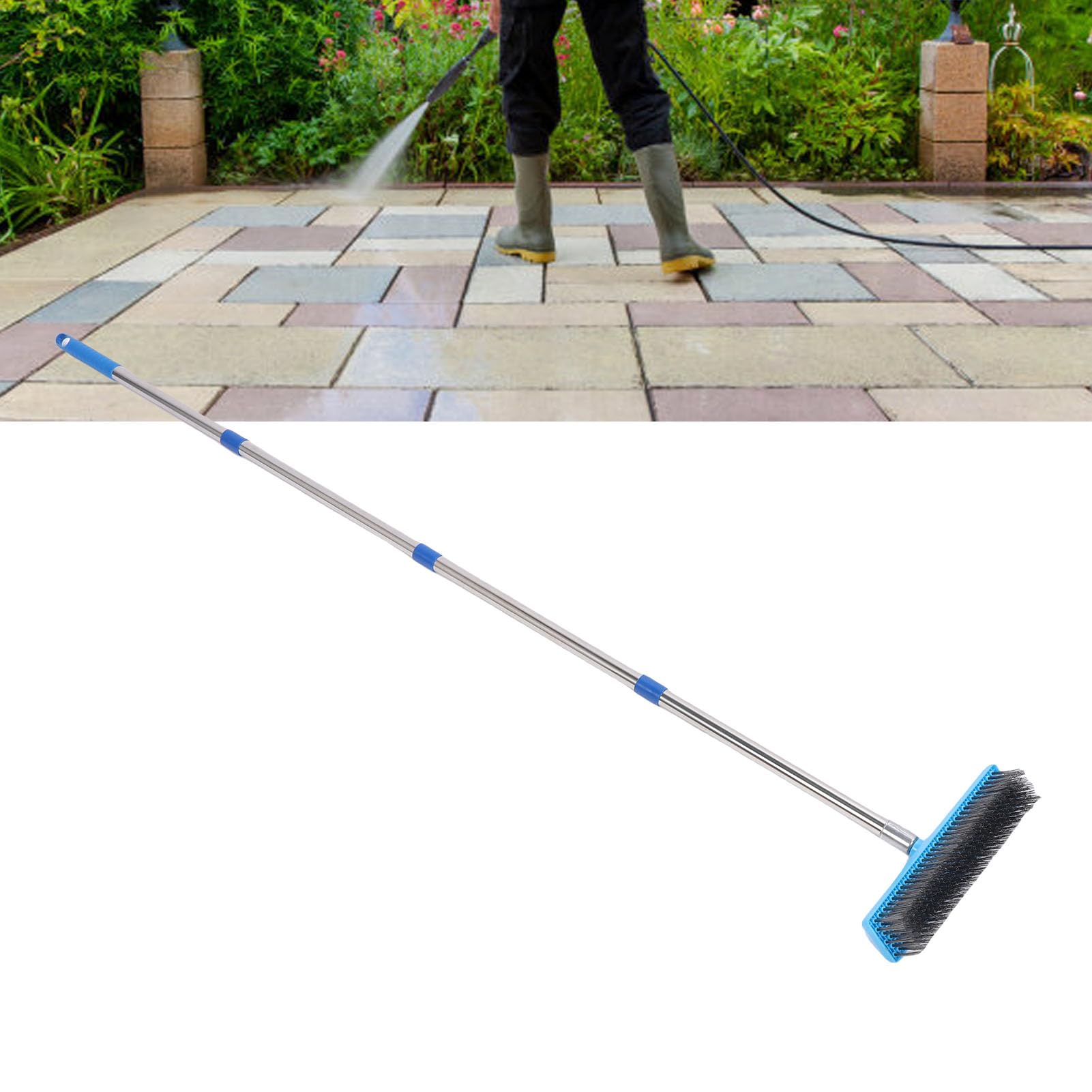 Eujgoov Scopa in Filo di Acciaio Resistente, Manico in Acciaio Inossidabile per il Lavaggio di Esterni, Spazzola Larga 30 Cm per Terrazzi e Giardini (160 cm)