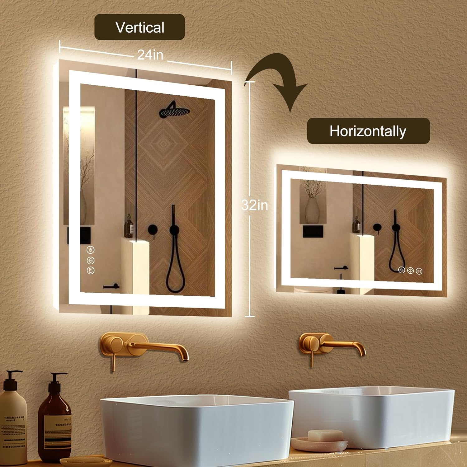 24×32 LED Bathroom Mirror with Lights Bathroom Vanity Mirror with Backlit and Front Light,Stepless Dimmable Led for Bathroom,Anti-Fog, Shatter-Proof, Memory, 3 Colors Smart Mirror
