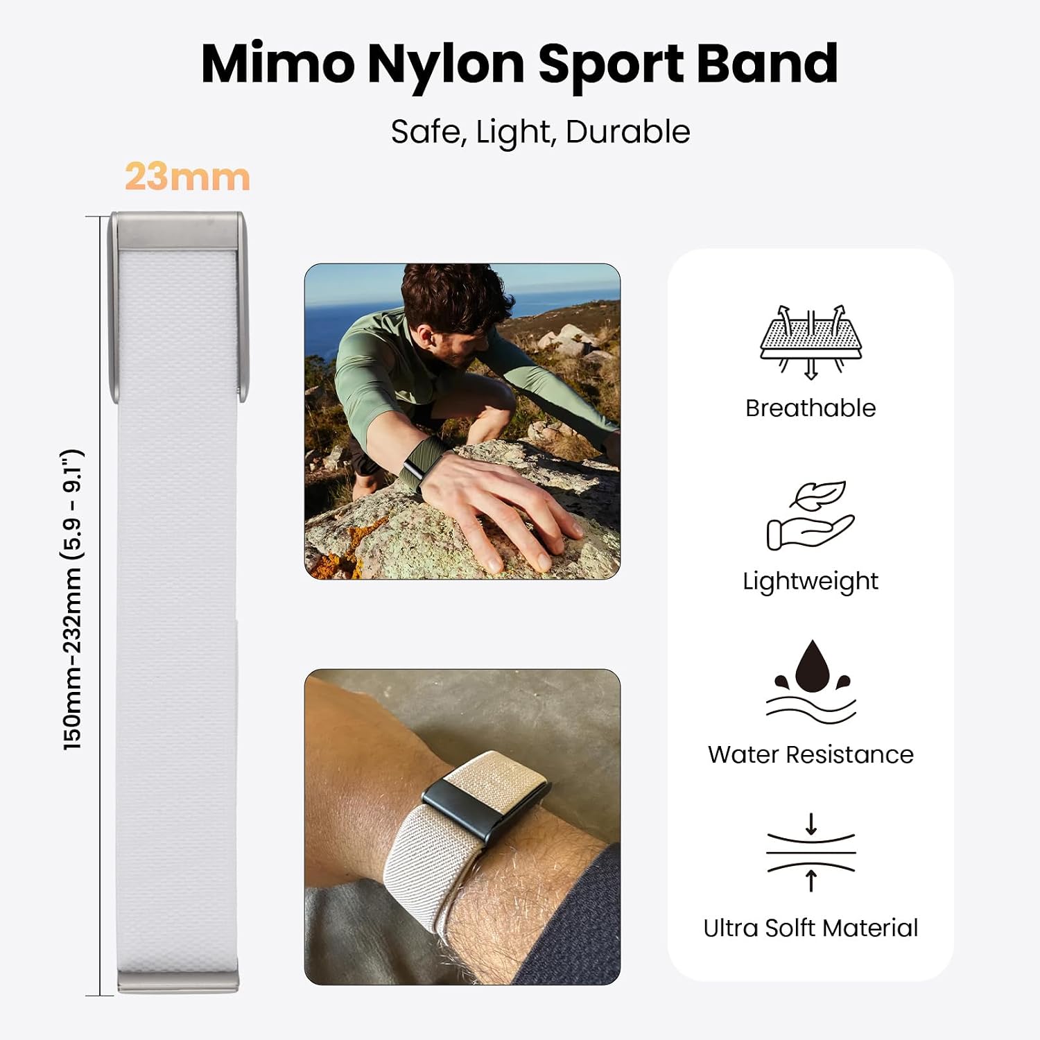mimo Nylon Sport Band Compatible with Whoop 5.0 Bands One, Peak, Life, and MG Band, Soft, Breathable, Adjustable Sports Loop Replacement for Whoop Band 5.0 - Not Compatible with Gen 4 (White, For Whoop 5.0)