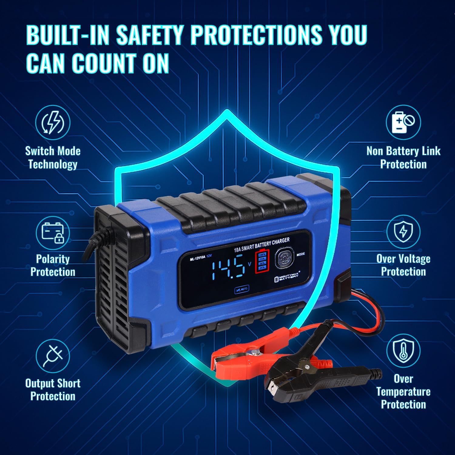 Mighty Max Battery Charger with safety icons