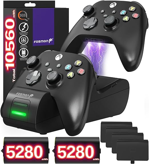 Fosmon Fast Charging Xbox Controller Charger Station for Xbox Series X | S, Xbox One, Elite w/ 2x 5280mWh Rechargeable Battery Packs, 4 Covers & Dock Stand