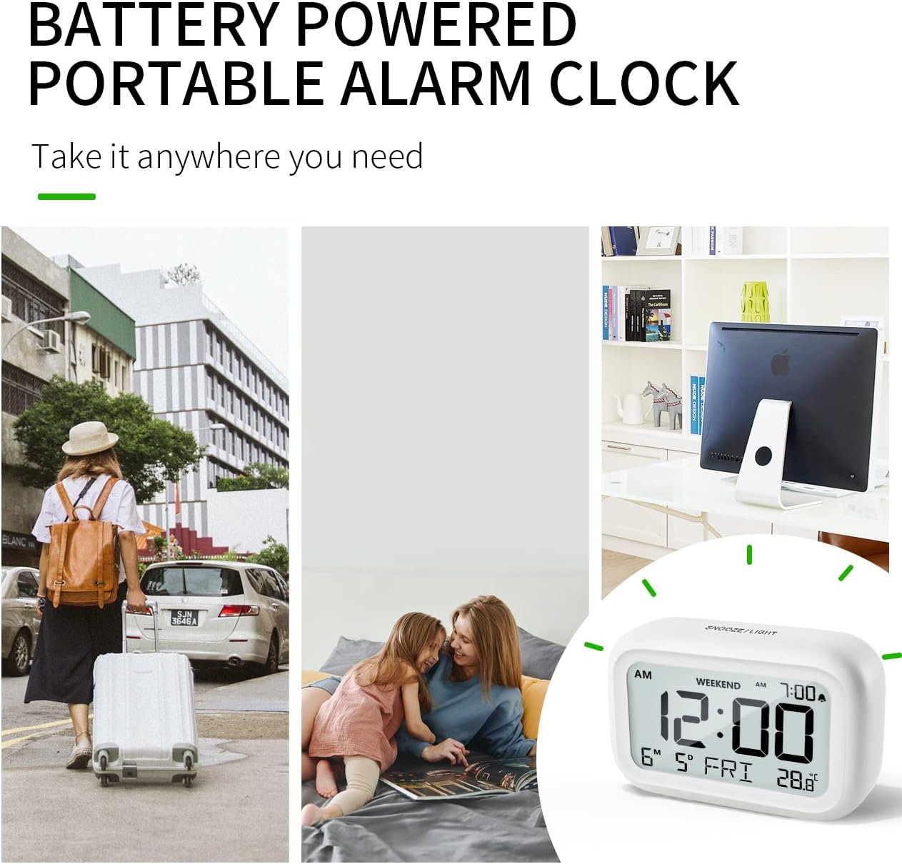 Comparison image showing the alarm clock display in daylight and with the 5-second backlight activated in darkness.