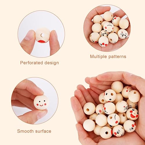 Miniatura 4 de 100 cuentas de madera de cara, cuentas de madera redondas naturales creativas de 0.8 pulgadas con agujero, cuentas de madera para hacer pulseras,