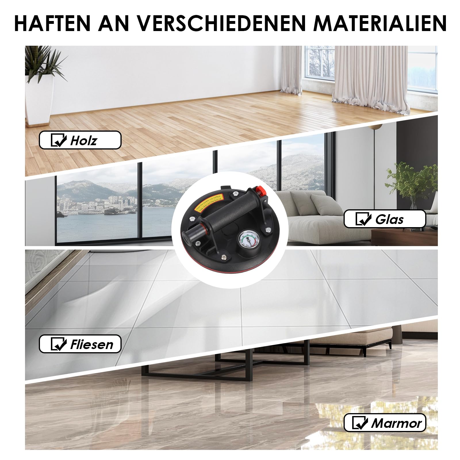 2er-Set 8" Saugheber mit Manometer, Glassauger Tragkraft Max. 200KG, Vakuum Fliesenheber mit Tragbarer Werkzeugkasten, für Glas, Fliesen, Marmor