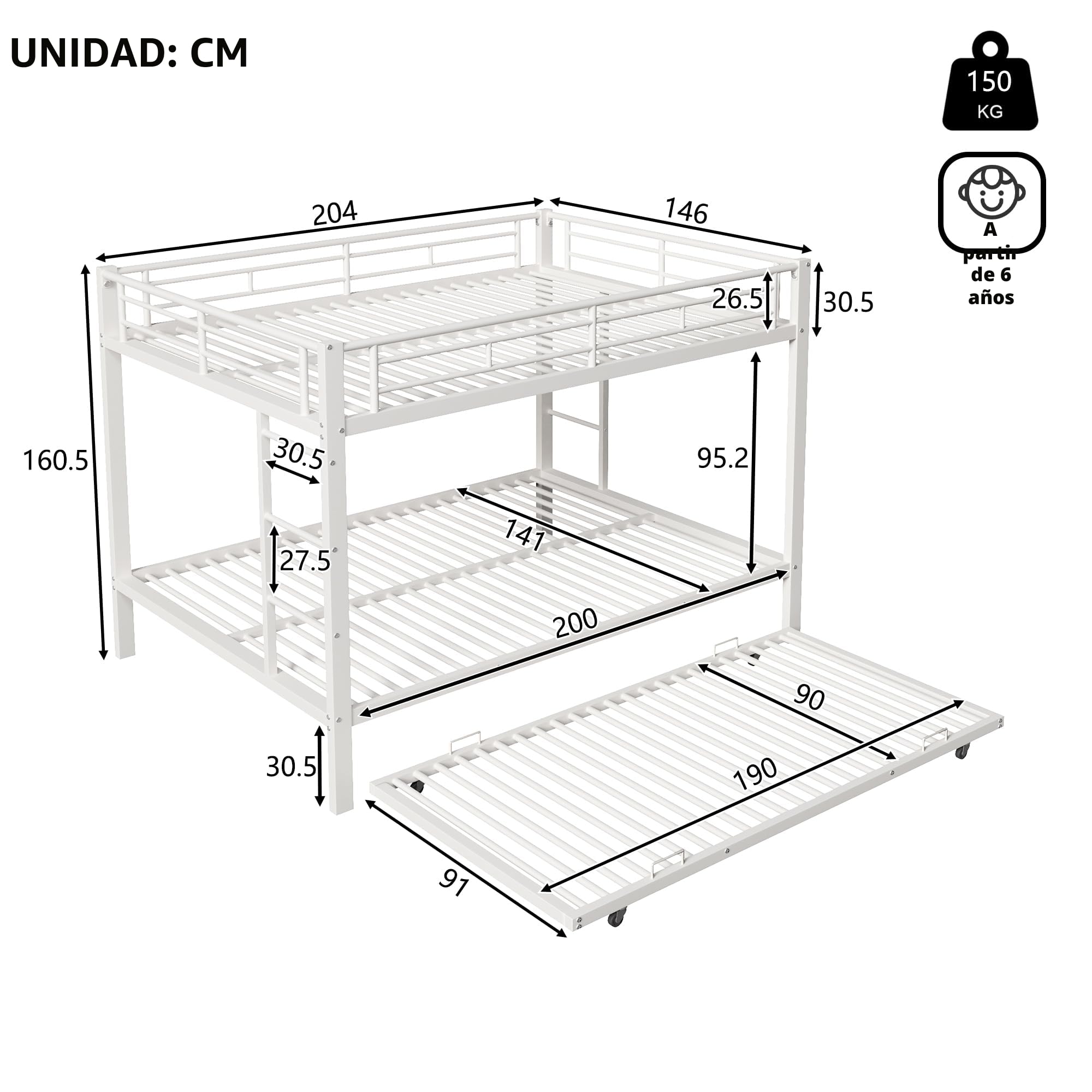 Idemon Litera de 140 x 200 cm, con marco de hierro, cama infantil, equipada con cama nido, barandilla alta, sin colchón (blanco)