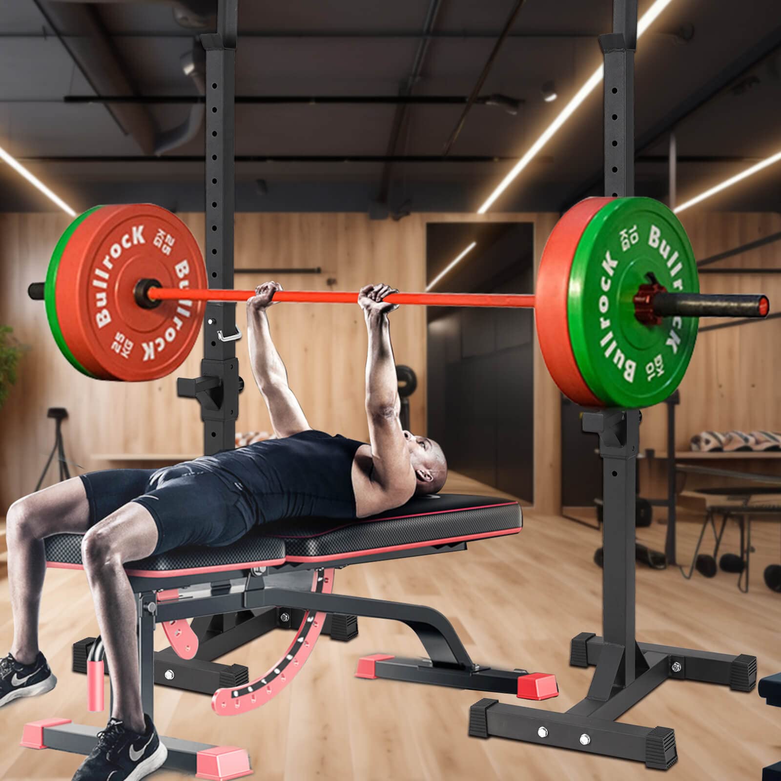 ALLINLIFE Soporte Barra Pesas,Rack Musculación Soporte Sentadillas,Estante de Sentadillas Ajustables en 12 Alturas,Fabricado en Acero Soporte Barra Pesas,Levantamiento Gimnasio en Casa Max 200 KG