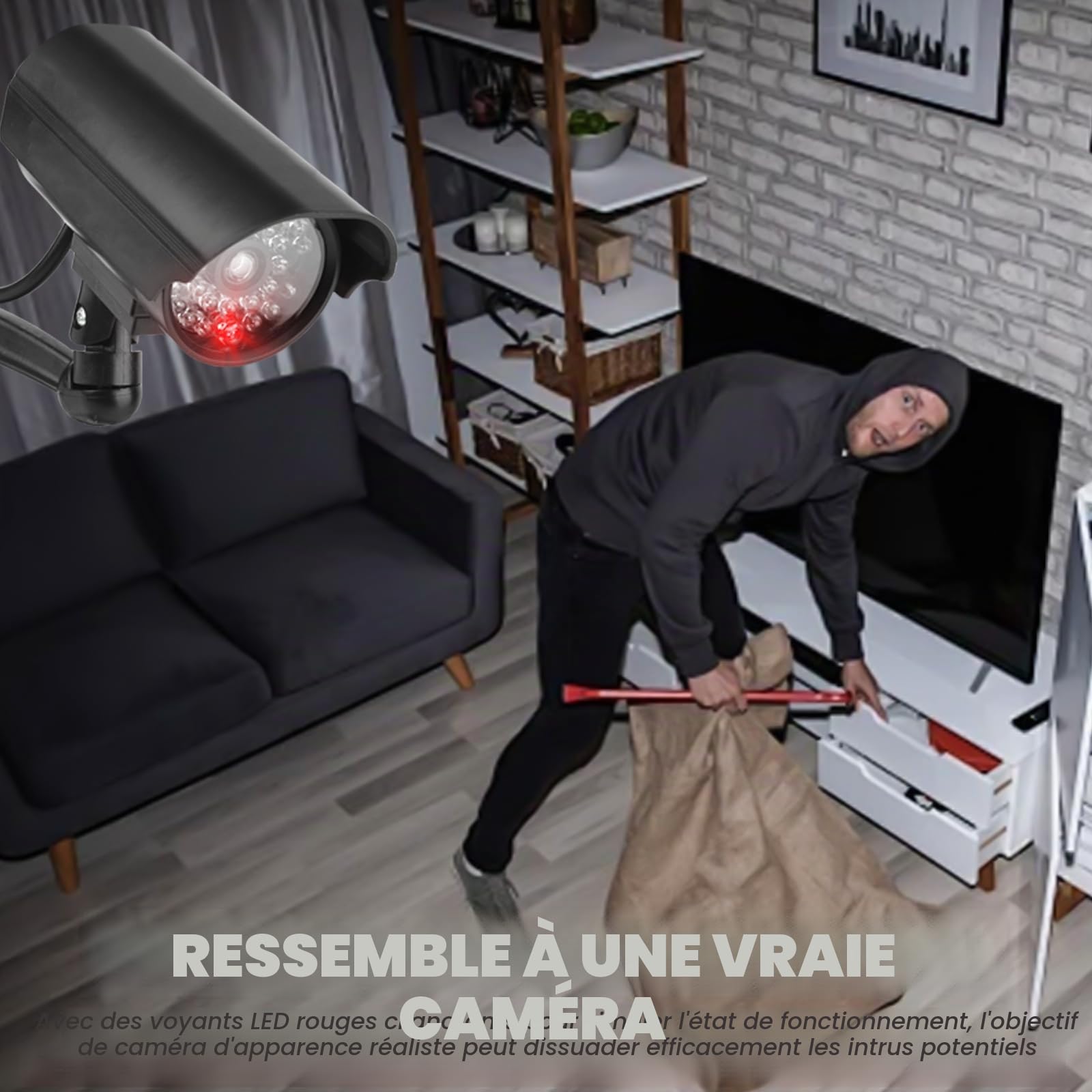 GOMETY Lot de 2 caméras factices extérieures, fausse caméra de sécurité avec LED rouge clignotante, caméra CCTV factice de sécurité pour intérieur et extérieur