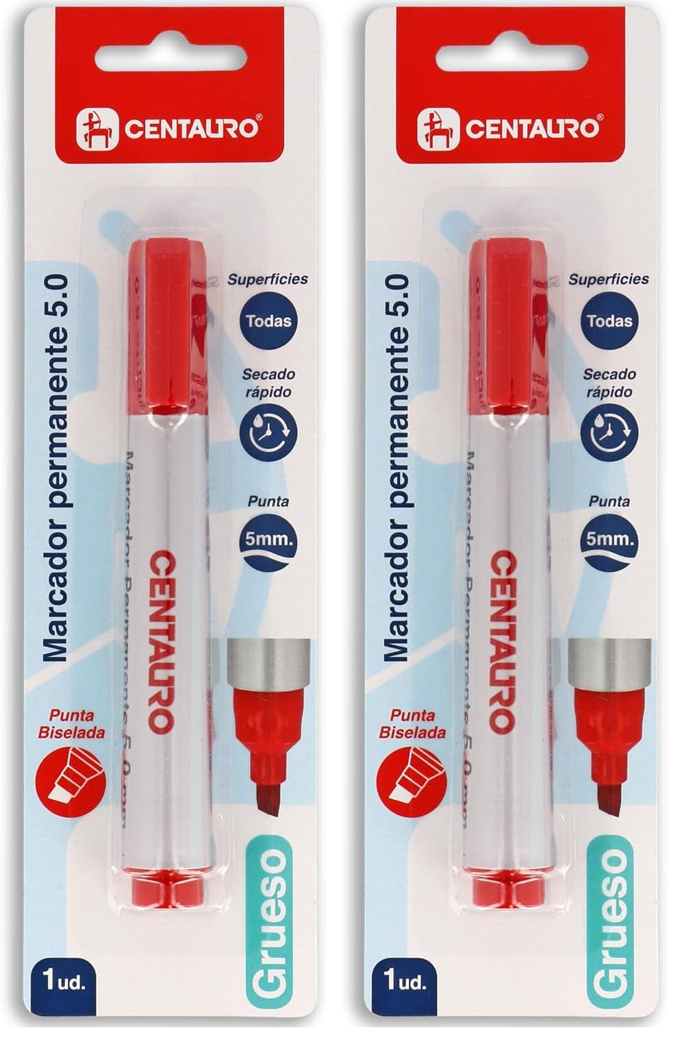 Centauro - Rotulador Permanente Rojo, 5mm, Punta Biselada, Tinta Base Aceite, Secado Rápido, Apto Todas Superficies, Metal, Cristal, Estaño, Plastico, Film Fotográfico, Madera, Papel y Cartón