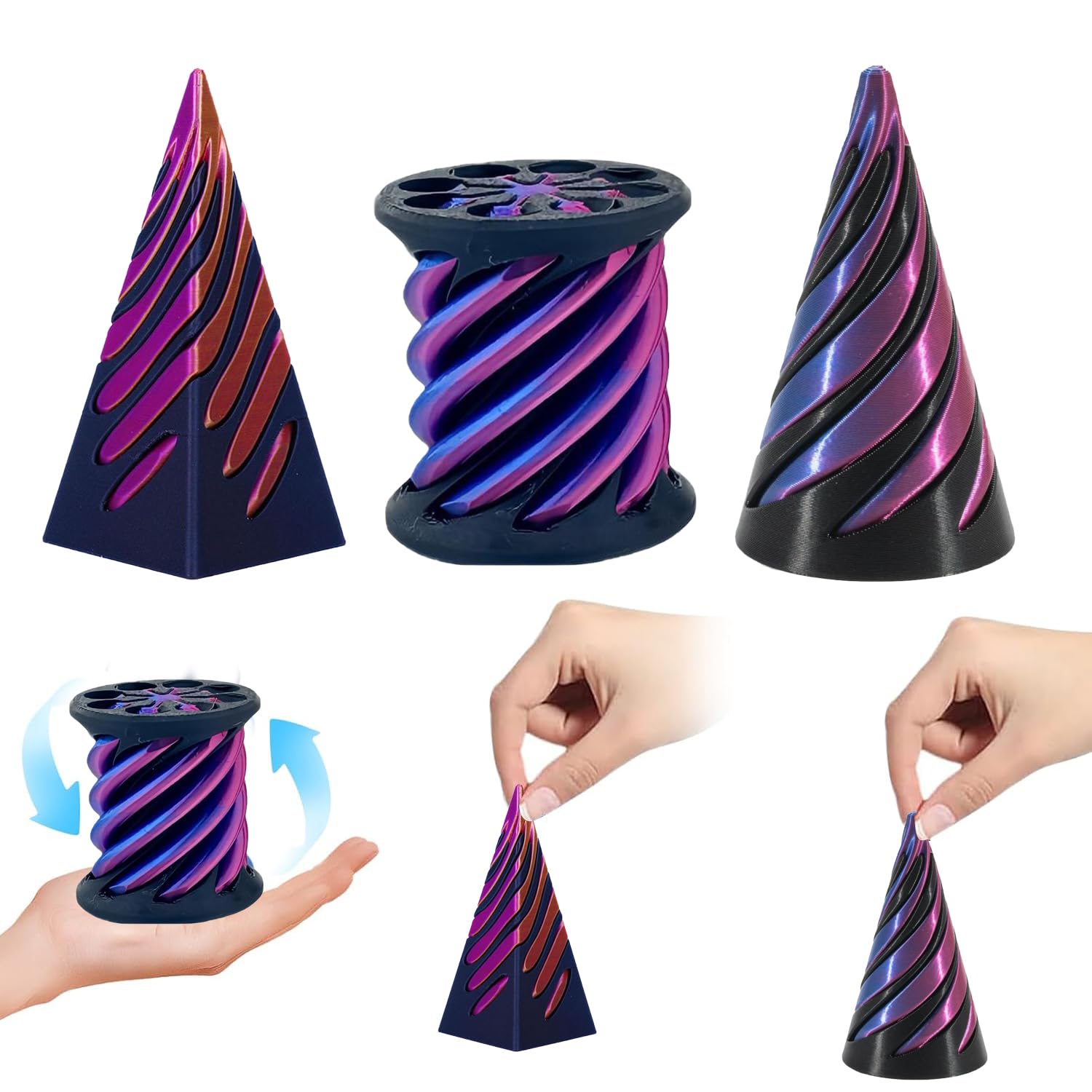 sinirttou 3pcs 3D Printed Spiral Cone Fidget Toy, Cone Stress Relief Toys, Pyramid Passthrough Sculpture