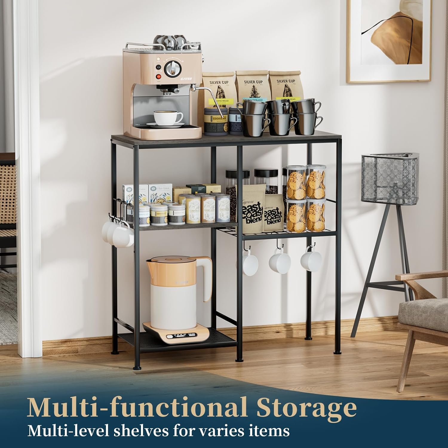 Consumest Microwave Stand, Adjustable Coffee Bar Cabinet, Multifunctional Pan Organizer with 6 Hooks and 3 Shelves, Bakers Rack for Shovel, Pots, Fruits, Vegetables, Grey & Black