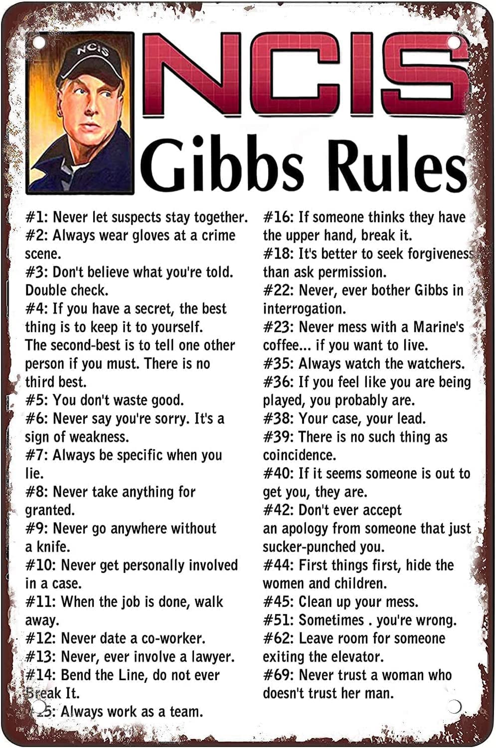 Gibbs Rules 69 Rules Tin Sign Wall Poster Decor Funny Retro Bar Coffee Pub Gift Wall Decor Sign 8x12 Inch